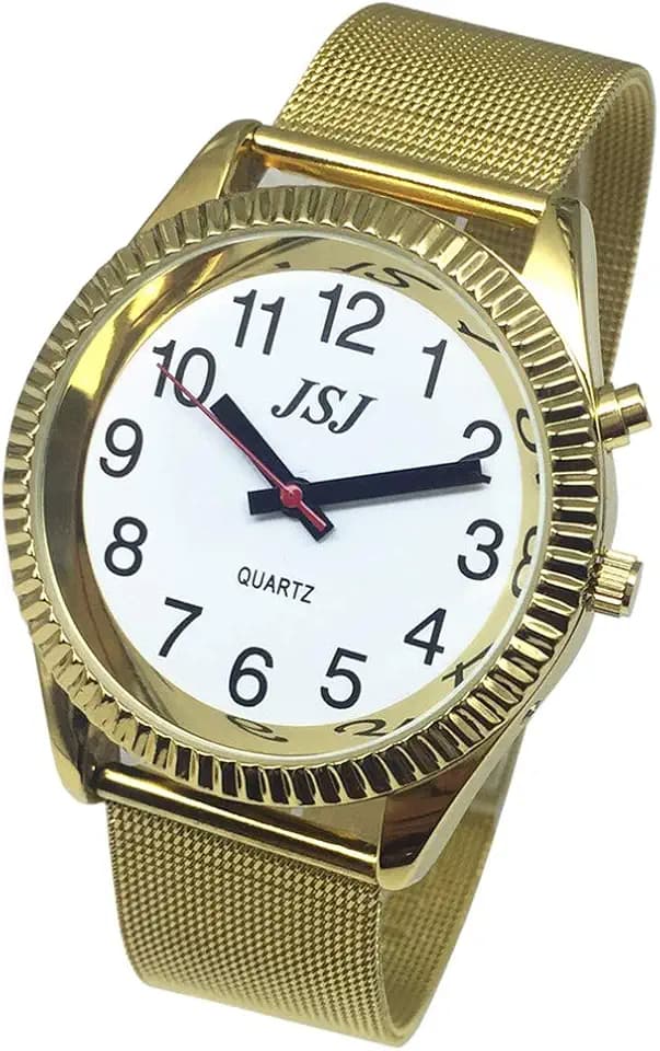 Sprechende Armbanduhr, analog, mit Alarm, Anzeige von Uhrzeit und Datum in französischer Sprache, für Blinde und Sehbehinderte, Farbe: Gold, goldfarben, Armband