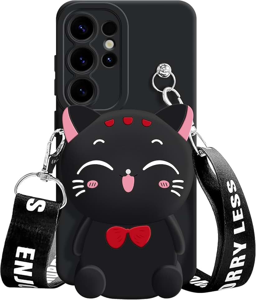 for Samsung Galaxy S24 Ultra Case, Cute Black Lucky Cat Coin Purse Fancy Phone Case for Women Girls with Crossbody Strap Kawaii Soft Silicone Cover for Galaxy S24 Ultra