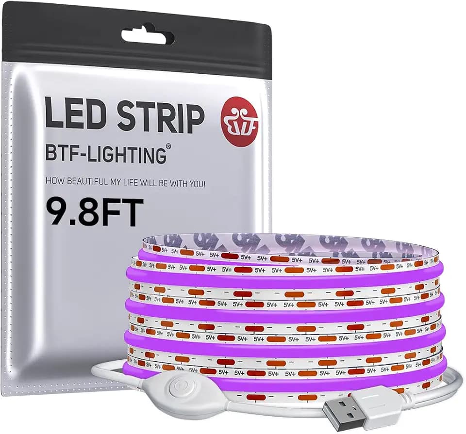 BTF-LIGHTING FCOB COB LED Strip Lights 5V USB Powered Purple Color for TV