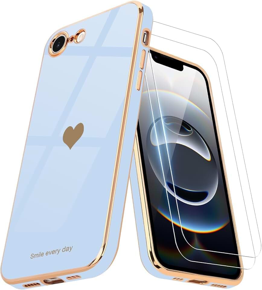 Teageo für iPhone 16e Hülle+2 Schutzfolie Herzmuster, LichtBlau