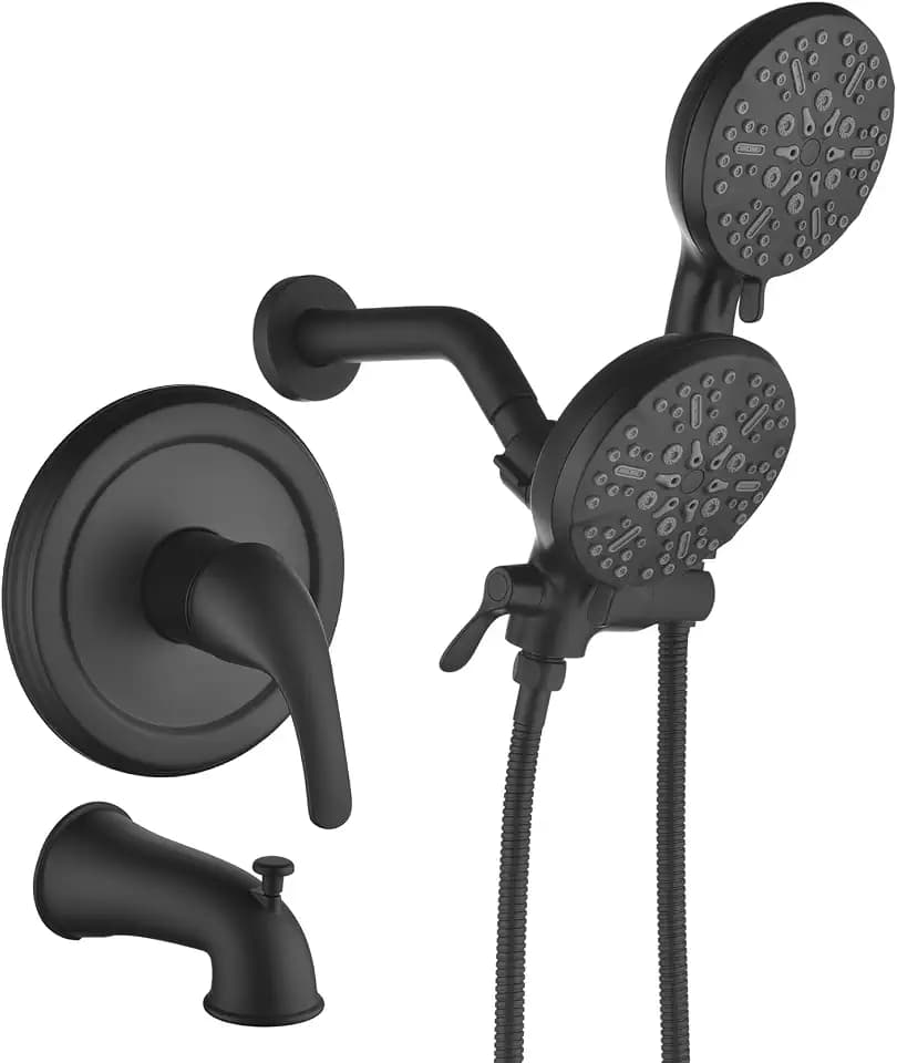 Tub Shower Faucet Set Dual Shower Head Combo 7 Mode Handheld Matte Black