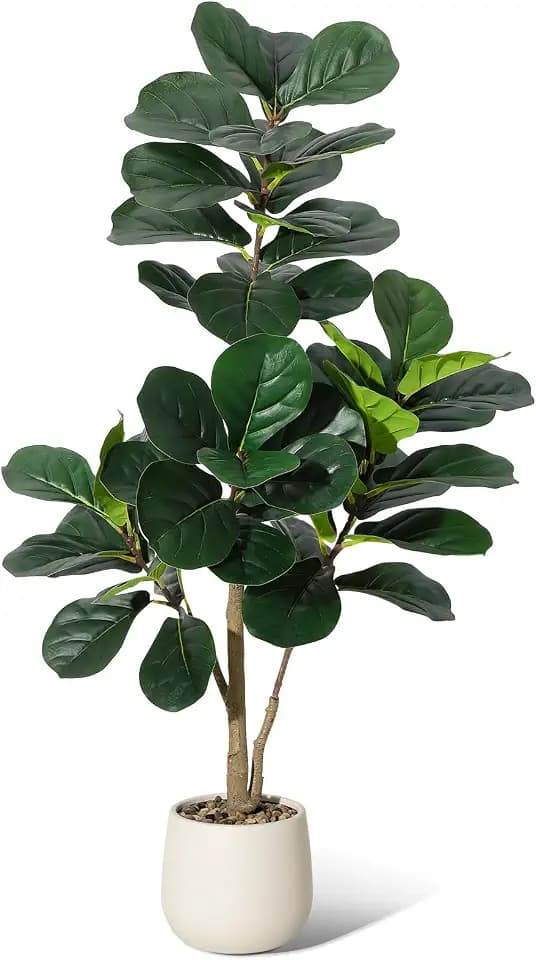 4FT Artificial Fiddle Leaf Fig Tree with White Planter - Realistic Faux Ficus Lyrata Trees with 48 Leaves, Indoor Fake Floor Plants for Home Office Living Room Decor, Housewarming Gift