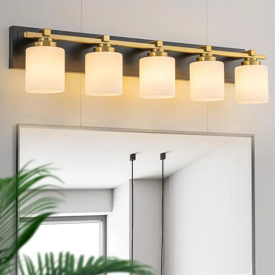 Modern Bathroom Light Fixtures Over Mirror, Vanity Lights for Bathroom Wall Sconces with Milky White Glass Shades, E26 Socket (Bulbs Not Included), 5 Light, Black Gold
