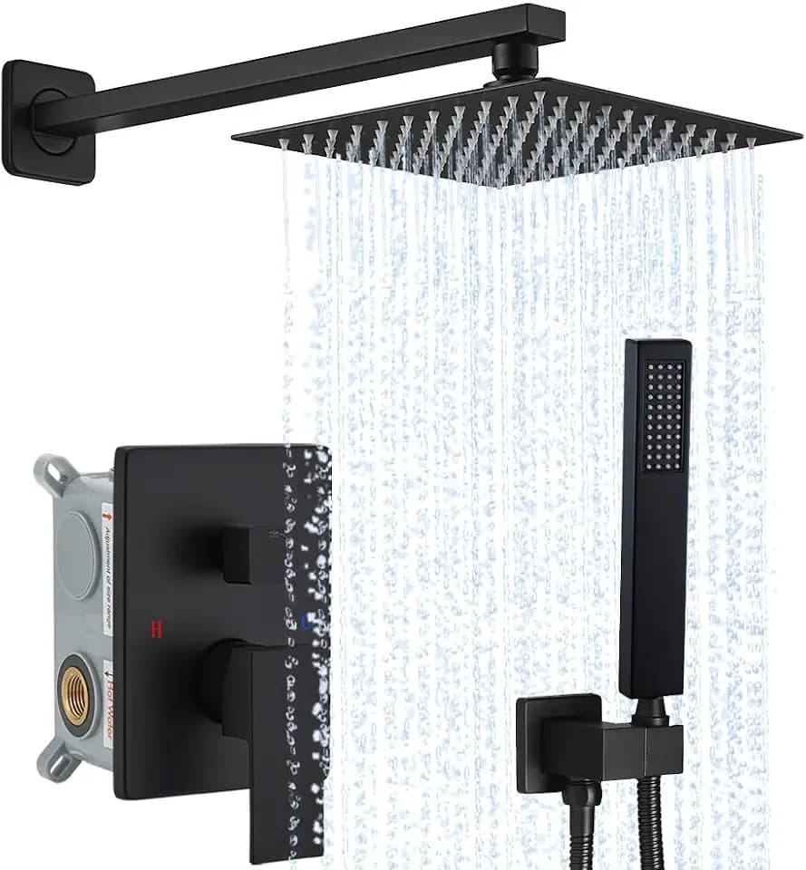 Matte Black Shower System YCAIKOI Wall Mount Shower Faucet Set for Bathroom 10 Inch High Pressure Luxury Shower Head with Handheld, Rough-in Valve Body and Trim Included