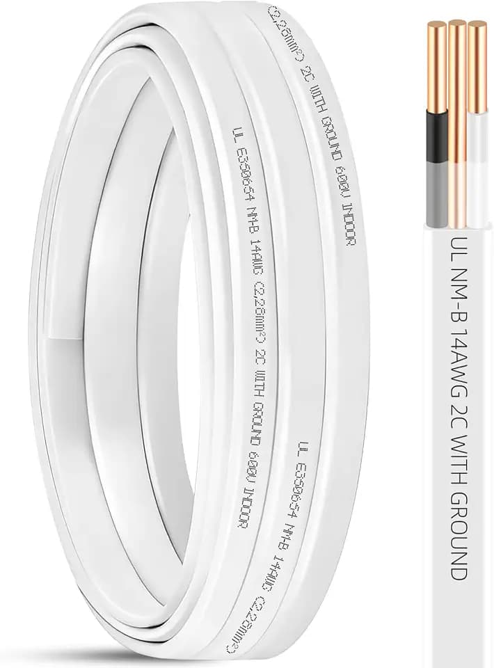 15ft NM-B 14/2 Wire with Ground,14/2 Electrical Wire 14 Gauge Non-Metallic Sheathed NMB Cable,14-2 NM-B Copper 14 AWG 2 Conductors with Ground,Residential Solid Indoor Copper Wiring for Outlet,Switch