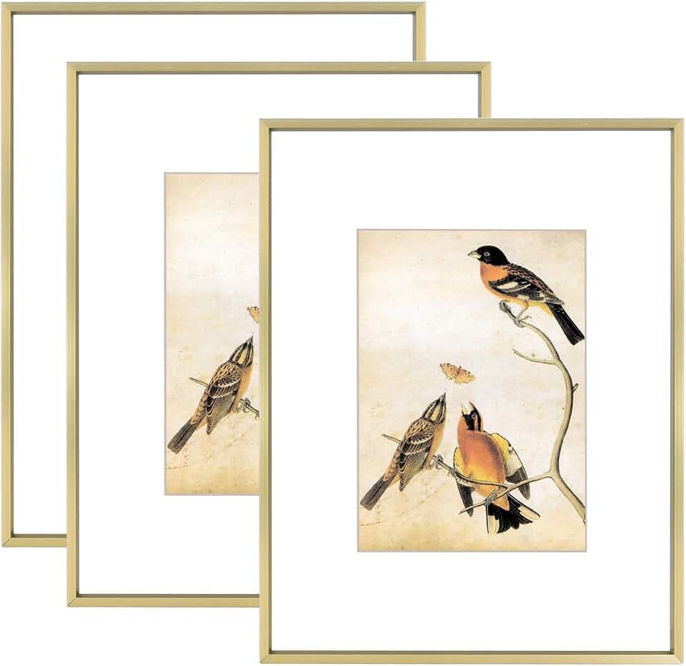 BKABOT 8.5x11 Brass Metal Photo frames 3 Pack HD Glass Mat 5x7 Wall Table