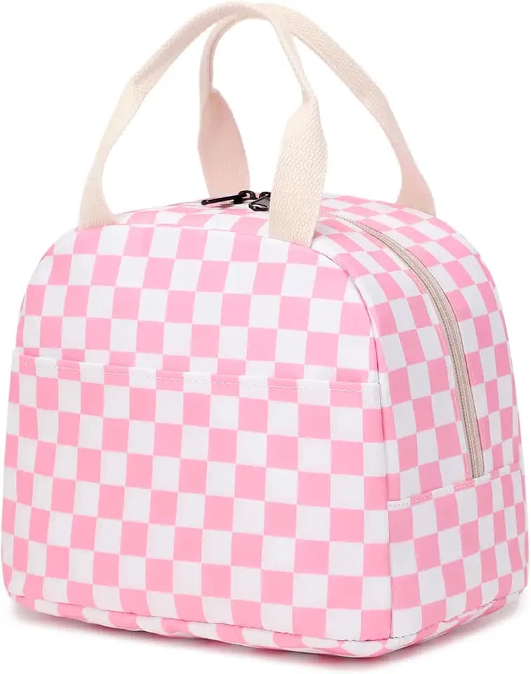 Checkered Lunch Bag for Girls Women, Cute Insulated Leakproof Lunch Box Container Reusable Cooler Lunch Tote Bag for Teens Kids Adults School Travel Picnic (Pink)