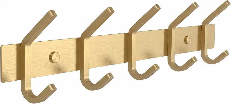 Brushed Gold Wall Mounted Coat Rack – 15 Inch Stainless Steel Rail with 5 Double Coat Hooks for Entryway, Bathroom, Bedroom, Kitchen – Modern Gold Hook Rack for Coats, Hats, Towels