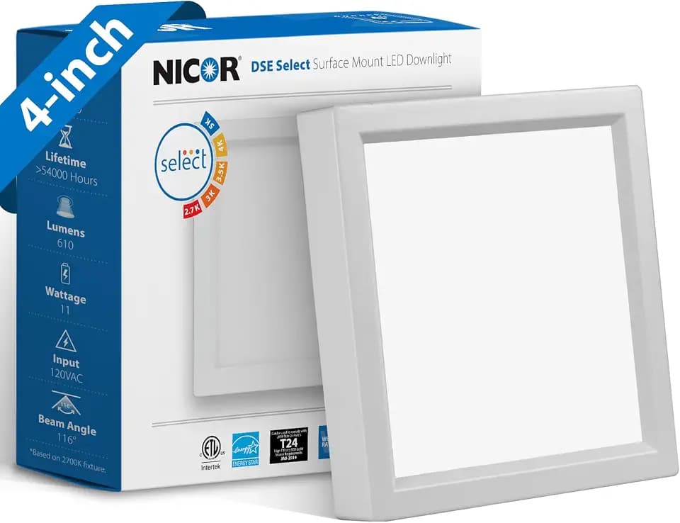 4” Square LED Surface Mount Ceiling Light - Dimmable Ceiling Light for Kitchen - Selectable CCT 2700K-5000K, 617-643 Lumens, 10.7W - DSE Edge-Lit Downlights for Ceiling, White by NICOR Lighting