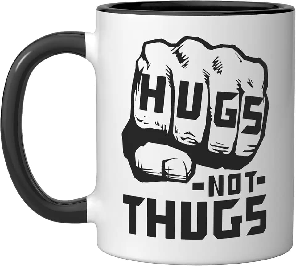 Hugs Not Thugs Peace And Love Saying Ceramic Mug, Black/White, 11oz
