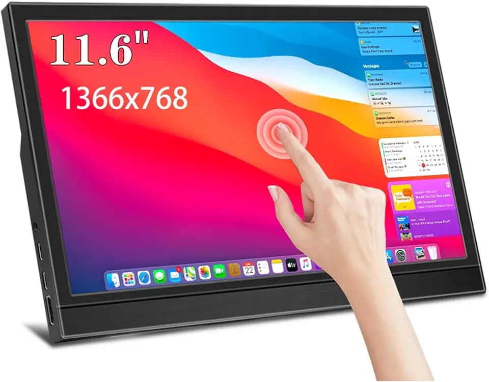 11,6-Zoll tragbarer Monitor Touchscreen 1366x768 60HZ FHD LCD kleine Touchscreen-Anzeige mit eingebauten Dual Stereo Lautsprecher, HDMI und Typ-C-Anschlüsse, geeignet für PC / Laptop / Telefon / Mac