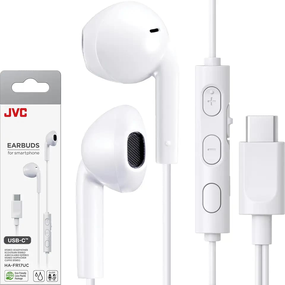 JVC USB-C Wired Earbuds Kopfhörer, verzögerungsfrei für Videos und Spiele, eingebauter DAC reduziert Lärm und verbessert die Klangqualität, Neodym-Treiber mit 10,7 mm Durchmesser - HAFR17UCW (Weiß)