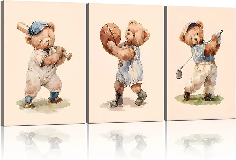 Teddy Bear Sports Nursery Animal Canvas Wall Art Cute Woodland Rugby Wall Decor Pictures Vintage Basketball Baseball Kids Room Poster Prints for Boys Room Bedroom Playroom Decorations16x24in canvas