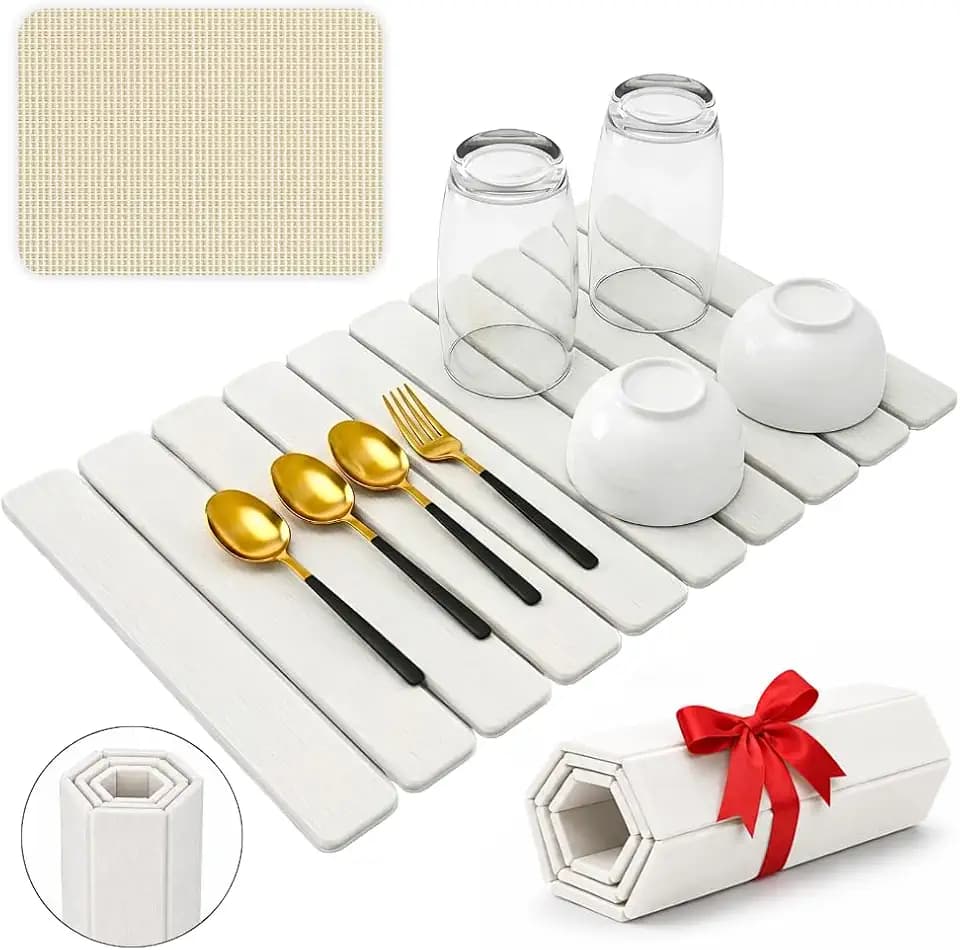 Stone Dish Drying Mat for Kitchen Counter, Large Quick Dry Diatomaceous Earth Stone Drying Mat, Foldable Water Absorbent Dish Drying Mat for Dishes, Bottles, Kitchen Sink & Countertop (White 24"x16")