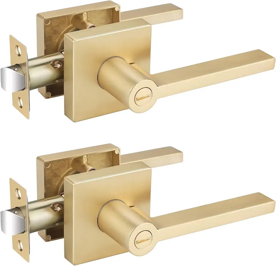 EHOMEWARE 2 Pack Gold Door Knobs Interior, Satin Brass Privacy Door Lever
