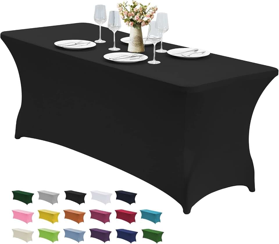 CWK 4FT Stretch Spandex Fitted Tablecloth,Rectangular Table Cover,Black