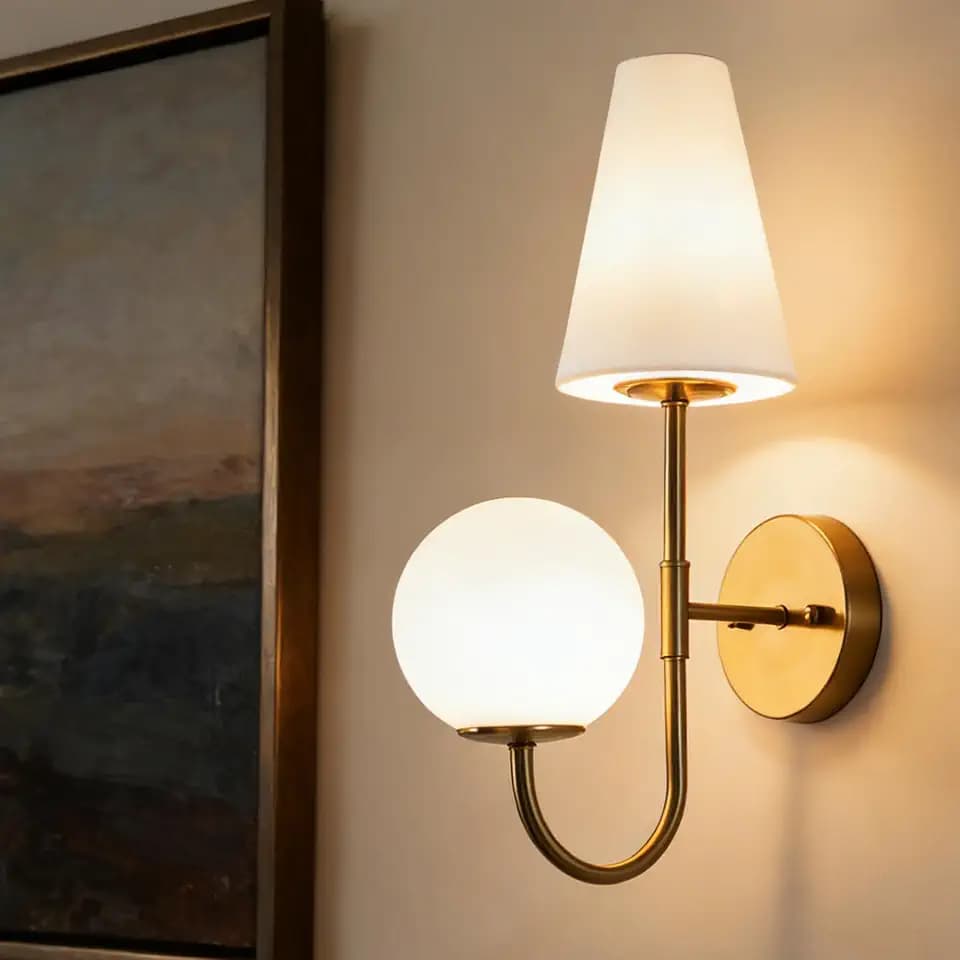 Tribesigns Gold Double-Headed Wall Sconce, Elegant Wall Lamp with Milky White Glass Shade, Metal Wall Light Fixtures for Bedroom, Living Room, Bathroom, E12 Base, Gold-Plated Finish