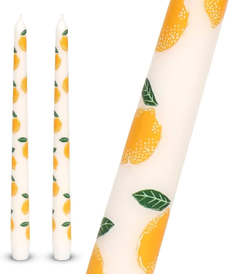 Talking Tables 2 x Lemon Print Tall Taper Dinner Candles, Unscented, Summer Taper Candles for Table Decor & Centrepieces, Fits Candlestick Holders
