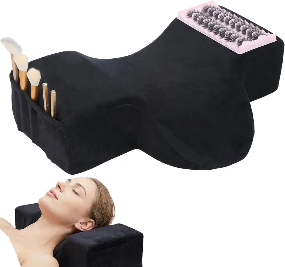 Lash Pillow for Eyelash Extensions, Ergonomic Bed Pillow with Neck & Back Support, Memory Foam Wedge with Removable Velvet Cover & Side Tool Pockets for Salon (Black)