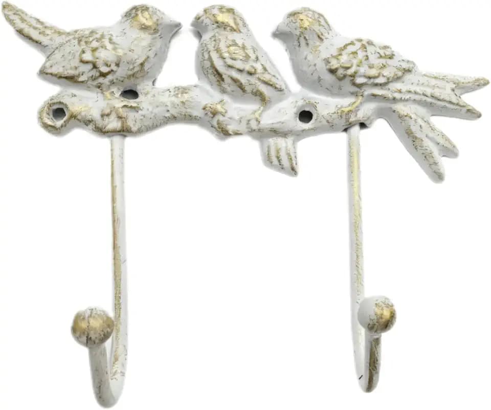Vintage Cast Iron Bird Wall Hook White & Gold