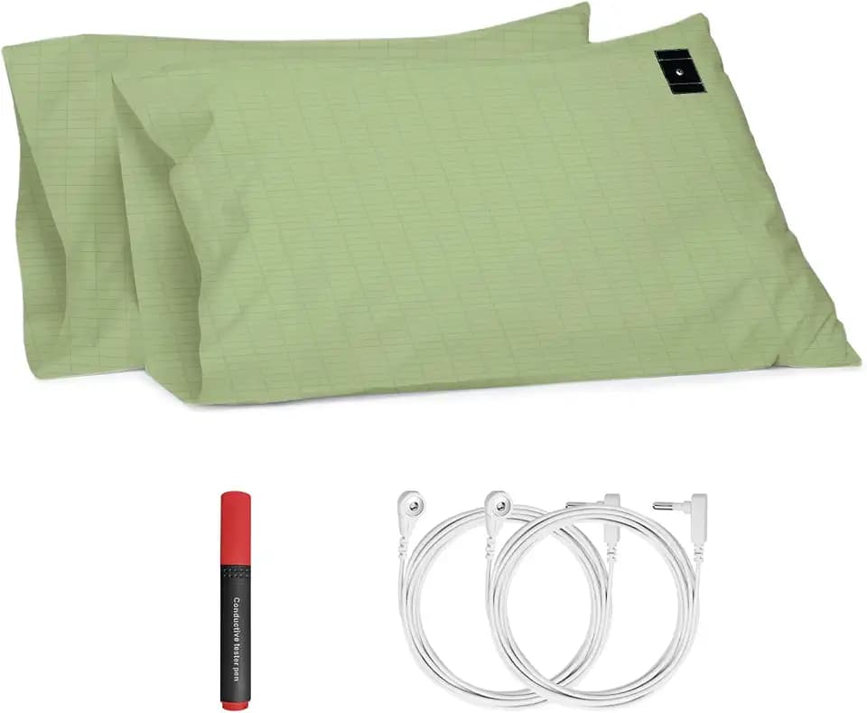 Grounding Pillowcase King Grounding Pillow Cases Premium Cotton with 15ft Cord and Test Pen for Improving Sleep Quality Better Energy(Sage Green, King - 20x36in) Pack in 2.