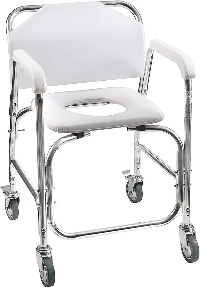DMI Rolling Shower Chair, Commode, Transport Chair, FSA Eligible, Rolling Bathroom Wheelchair for Handicap, Elderly, Injured or Disabled, 250 Lb. Weight Capacity, Aluminum Frame, White