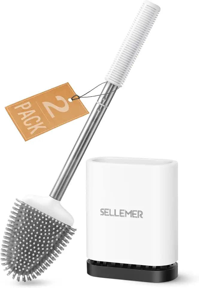 Sellemer Silicone Toilet Brush, Ventilation Slots Base Holder 2 Pack, White