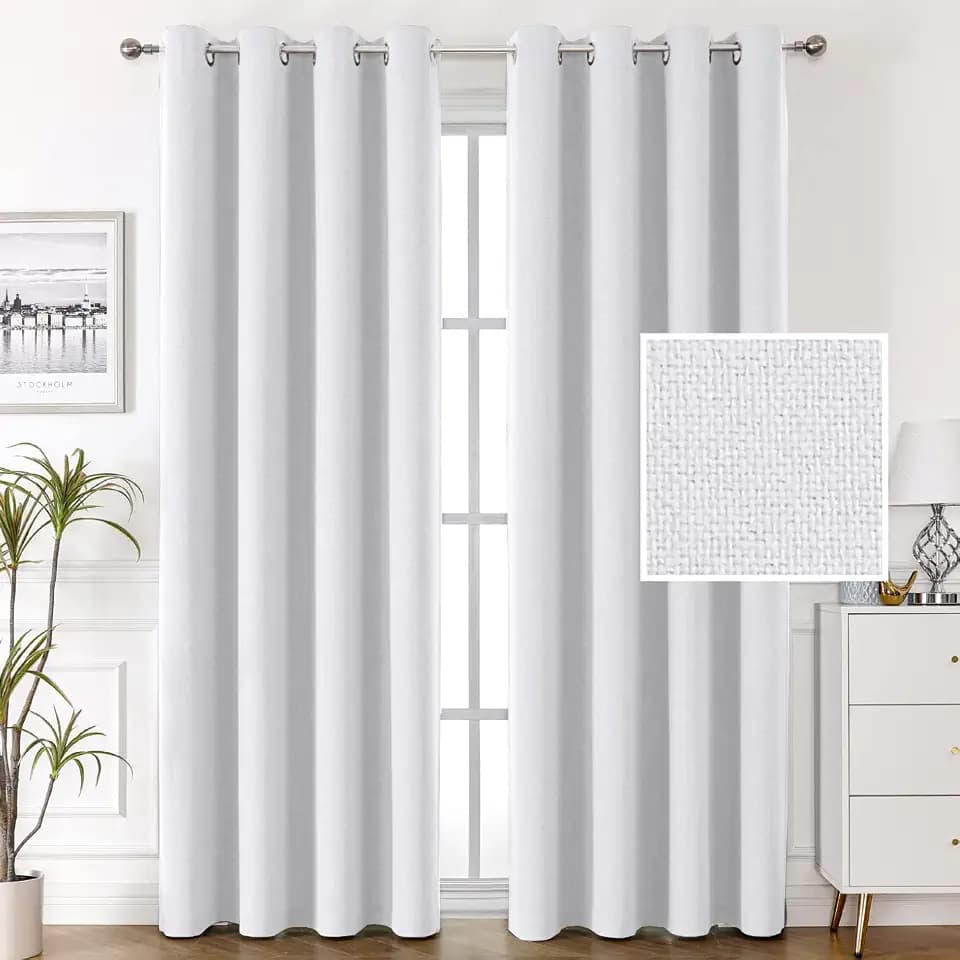 H.VERSAILTEX 100% Blackout Linen Curtains - Thermal Insulated, Noise Blocking, Textured Burlap Drapes for Living Room & Bedroom - Grommet Linen, 52 x 108 Inch, 2 Panels, Heather White