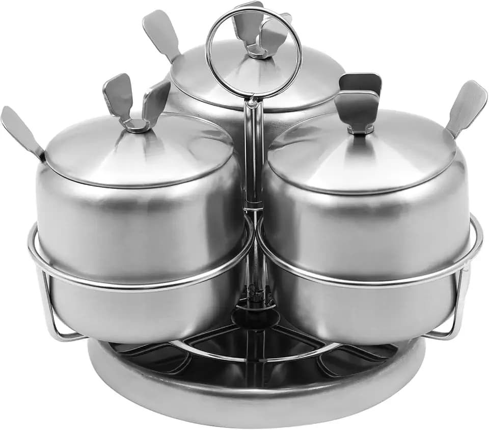 3pcs Revolving Sugar Bowl with Lid and Spoon, Stainless Steel Spice Rack