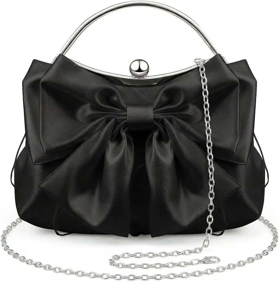 Bow Purse for Women, Bridal Clutch White Evening Bag, Ruched Purses Satin Silk Handbag with Chain Strap