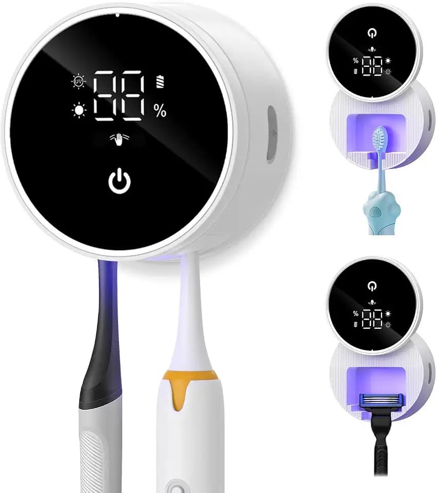 Upgraded UV Toothbrush Sanitizer Holder with Infrared Sensor & Heat Drying, Temracha Wall-Mounted Toothbrush Holder for the Bathroom, LED Smart Display, Fits Toothbrushes & Razor, Portable for Travel