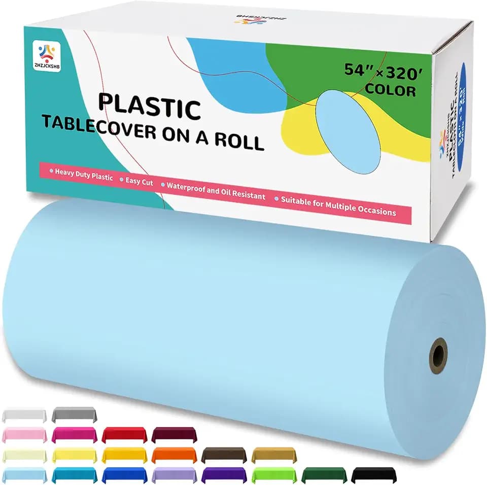 54IN X 320FT Plastic Table Cover Roll with Cutter Box, Cut to Size Plastic Table Cloths for Parties, Birthday, (Light Blue,54"x3840")