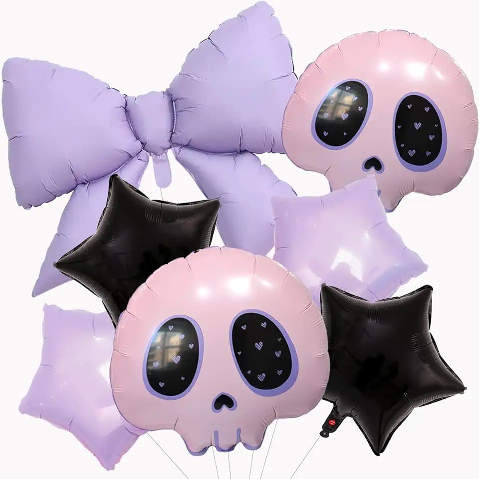 Pink Skull, Purple Bowknot, Black Purple Star Balloons for Girls Birthday, Gothic, Halloween Parties (7pcs, 18" x 19" x 0.2", Pink, Purple, Black, Unisex Children)