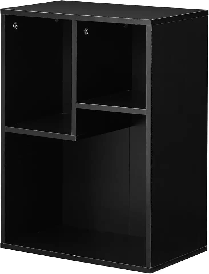 VECELO 15.7" Open Bookshelf, Waterproof Particle Board Asymmetrical Split Cubby Storage Organizer, Black Uneven Compartment Display Cube for Tall Books, Bedroom Dorm Office