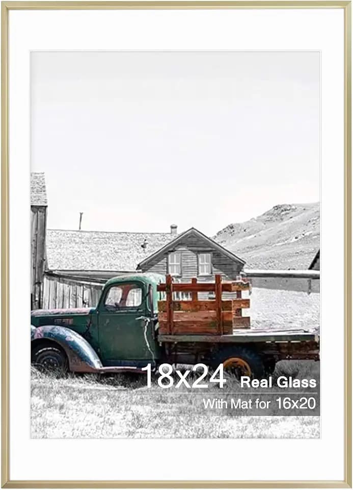 Golden State Art 18x24 Gold Aluminum Frame, Real Glass, Mat Fits 16x20