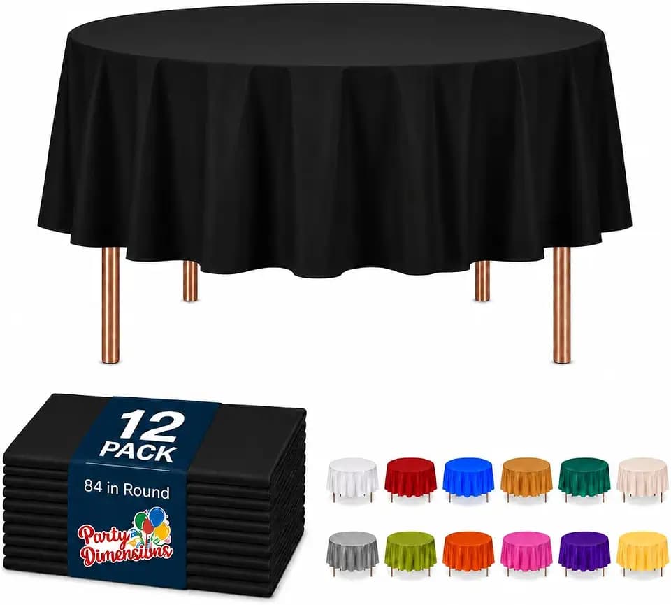 Party Dimensions Black Disposable Plastic Tablecloth, Round, 84", 12 Pack