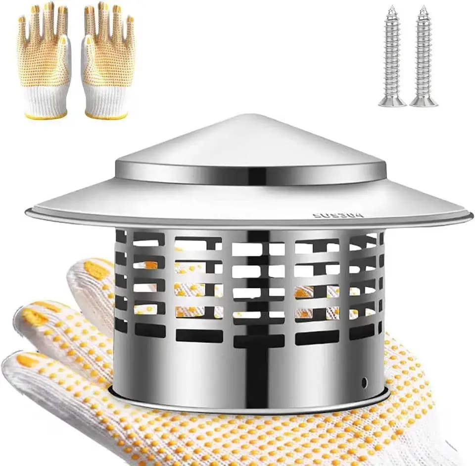 4 Inch Round Chimney Cap, 304 Stainless Steel Chimney Cover with Gloves, Weatherproof Fireplace Chimney Caps for Outdoor Use, Rain Cap for Stove Pipe, Roof Vent Chimney Cap (4 inch)