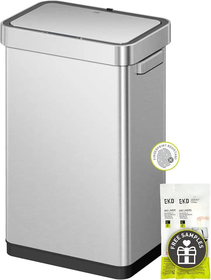 EKO Deluxe Mirage-T 50 Liter / 13.2 Gallon Touchless Rectangular Motion Sensor Trash Can or Recycling Bin, Matte Stainless Steel Finish