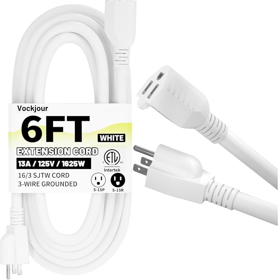 Vockjour 16/3 White Indoor Outdoor Extension Cord 6 Ft Waterproof
