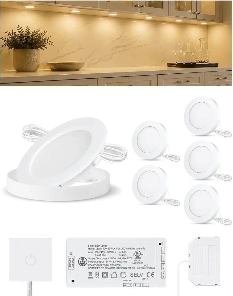 VST Under Cabinet Lights Plug in with Wired Touch Dimmer Switch,Recessed or Surface Mount,Natural White 3000K 12V 2W(12W Total, 60W Equivalent),6 Pack White Puck Lights Fixtures