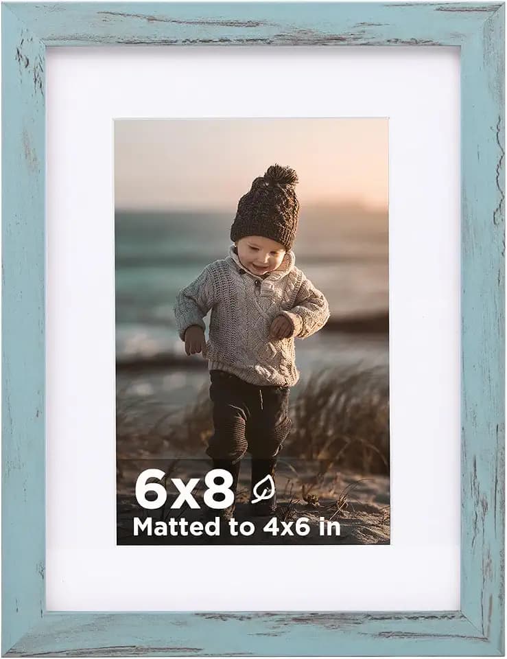 KINLINK 6x8 Picture Frame Turmaline Blue, Wooden Photo Frame Matted 4x6 with Plexiglass for 4x6 with Mat or 6x8 without Mat for Table and Wall Display