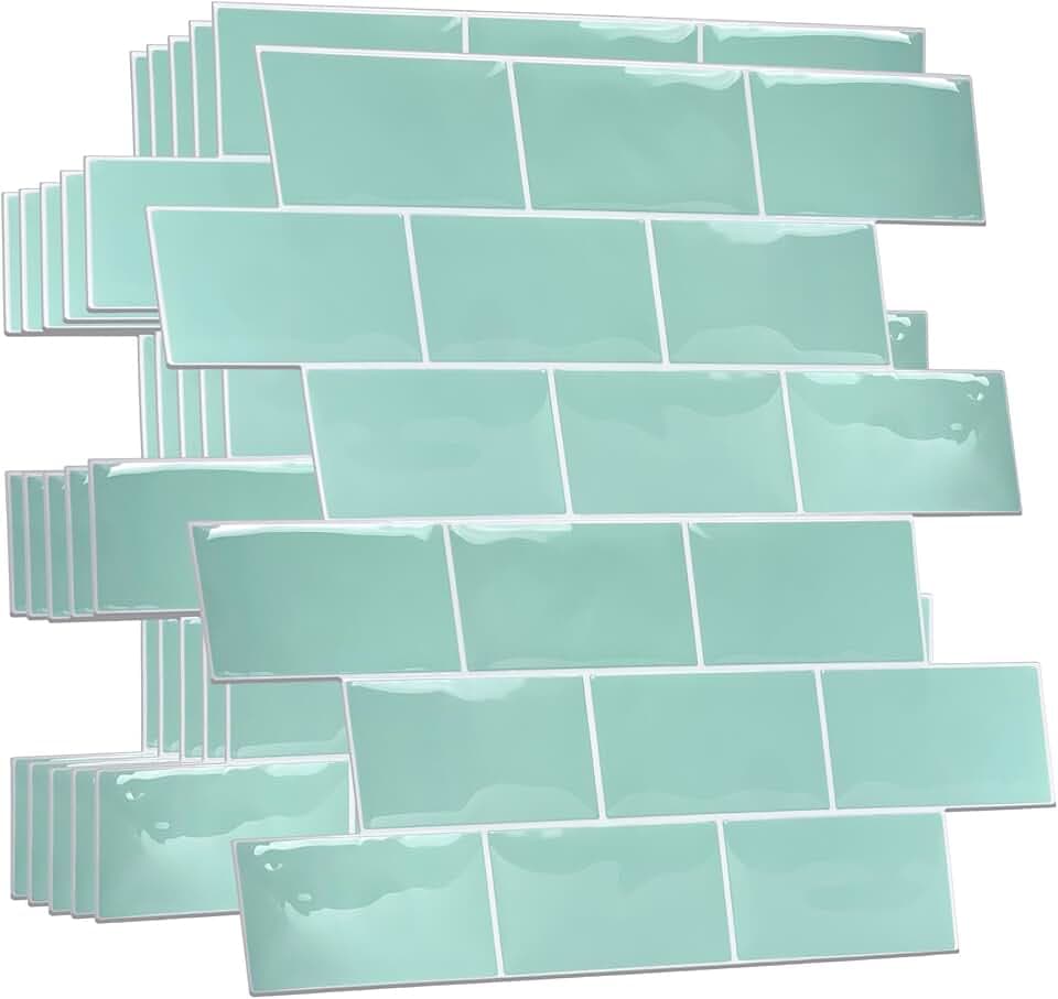 WALPLUS 20-Sheets Kitchen Backsplash Peel and Stick Wall Tiles for Bathroom 12" x 6" Removable Green Glossy Stick-On Backsplash
