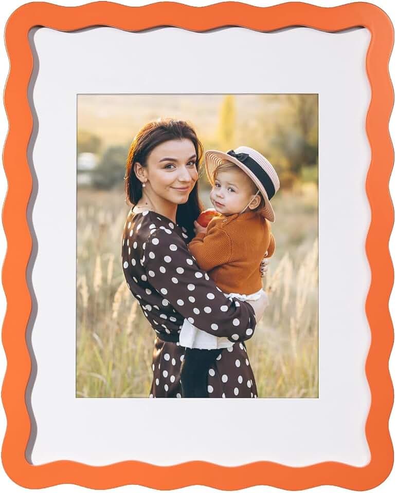 11x14 Cute Picture Frame, Wavy Curved Photo Frame with 8x10 Mat, Orange