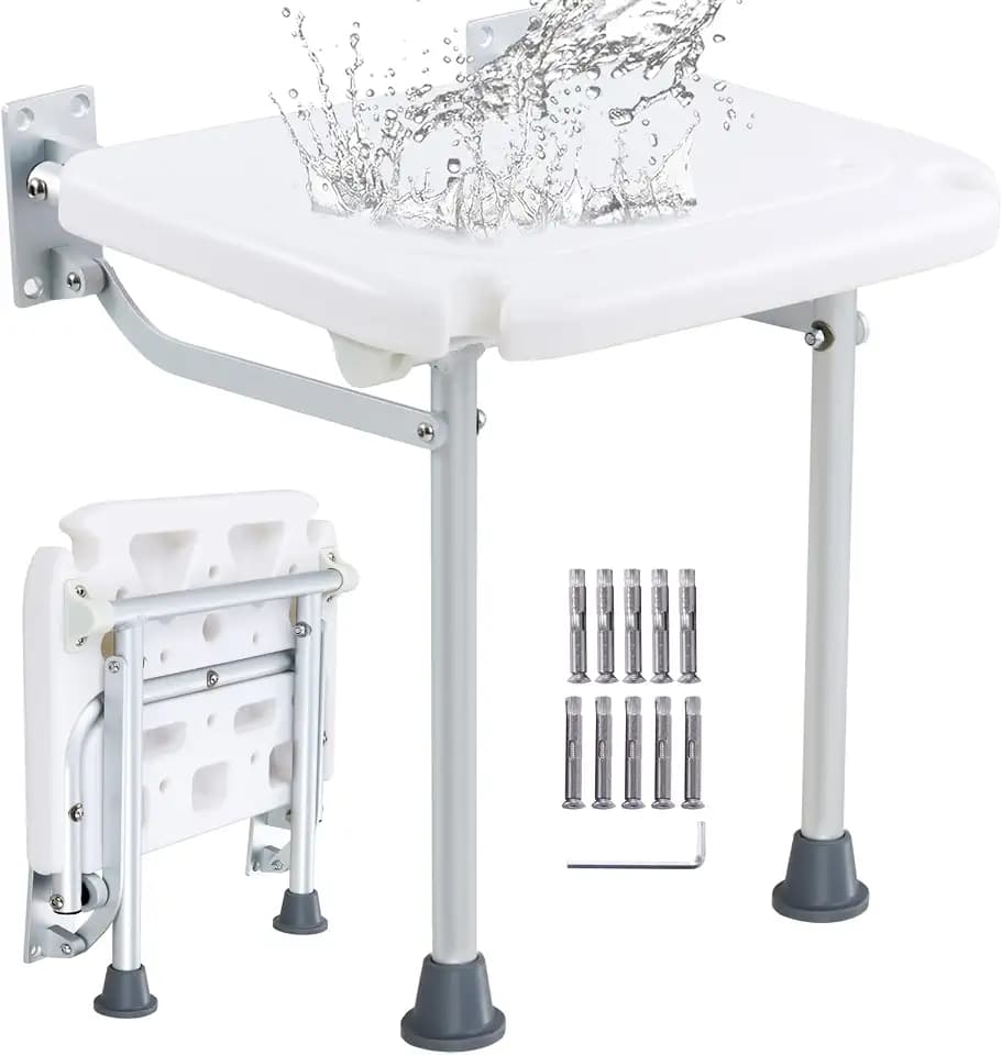 VEVOR Folding PE Shower Seat, 15.7'' x 14.8'' Unfolded, Wall Mounted Fold Up Shower Bench with 500 lbs Load Capacity, Space Saving Fold Down Shower Chair for Seniors Pregnant Women Children Adults