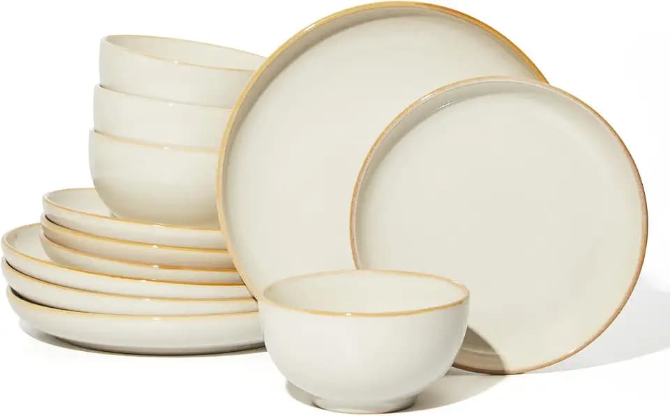 Pokini Ceramic Dinnerware Sets for 4, 12pcs Plates and Bowls Sets Dish Set