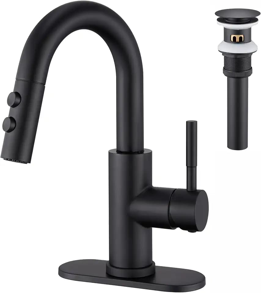 Bathroom Faucet with Sprayer, Matte Black Single Hole with Pop-Up Drain