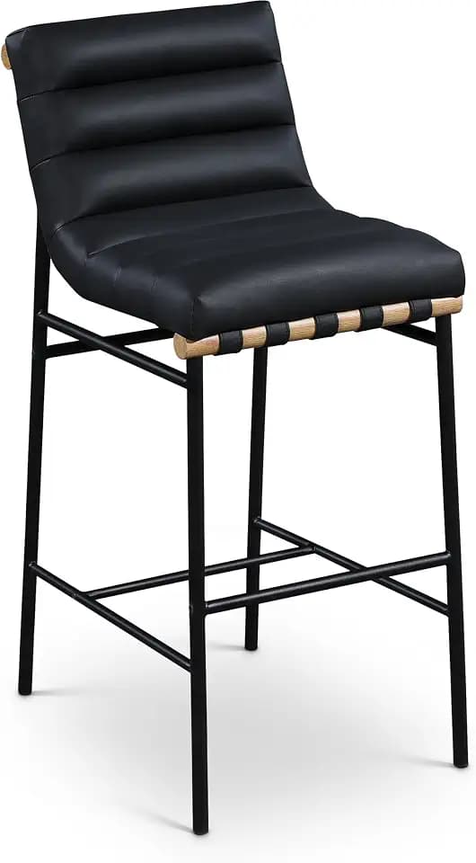 Meridian Furniture 846Black-C Burke Collection Modern | Contemporary Bar Stool with Soft Black Vegan Leather, Matte Black Metal Frame, White Oak Veneer Metal Dowel, 18" W x 24" D x 40.5" H, Black
