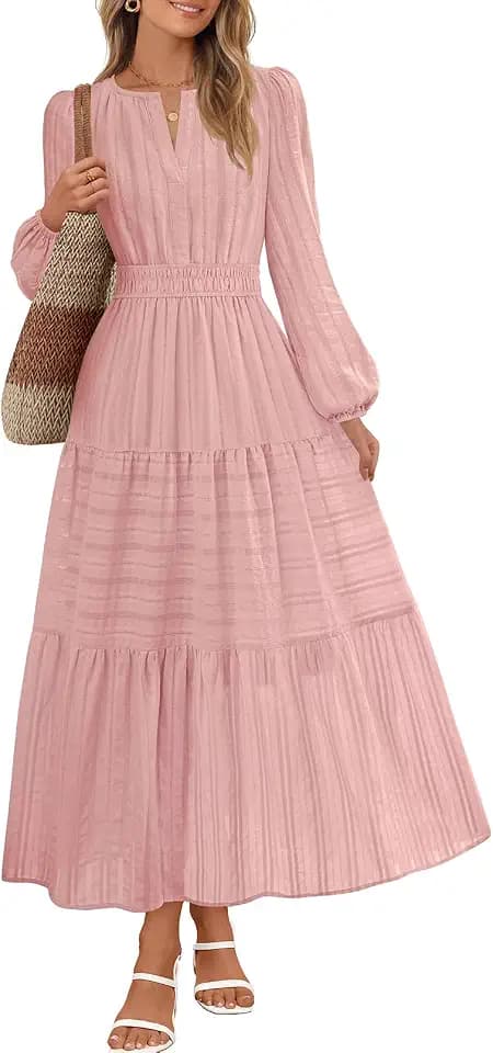 MEROKEETY Womens Fall Puff Long Sleeve Casual V Neck Modest Midi Maxi Dress
