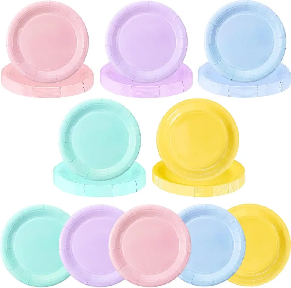 Zhehao 100 Pcs Pastel Disposable Paper Plates, 7'' Pastel Party Decoration