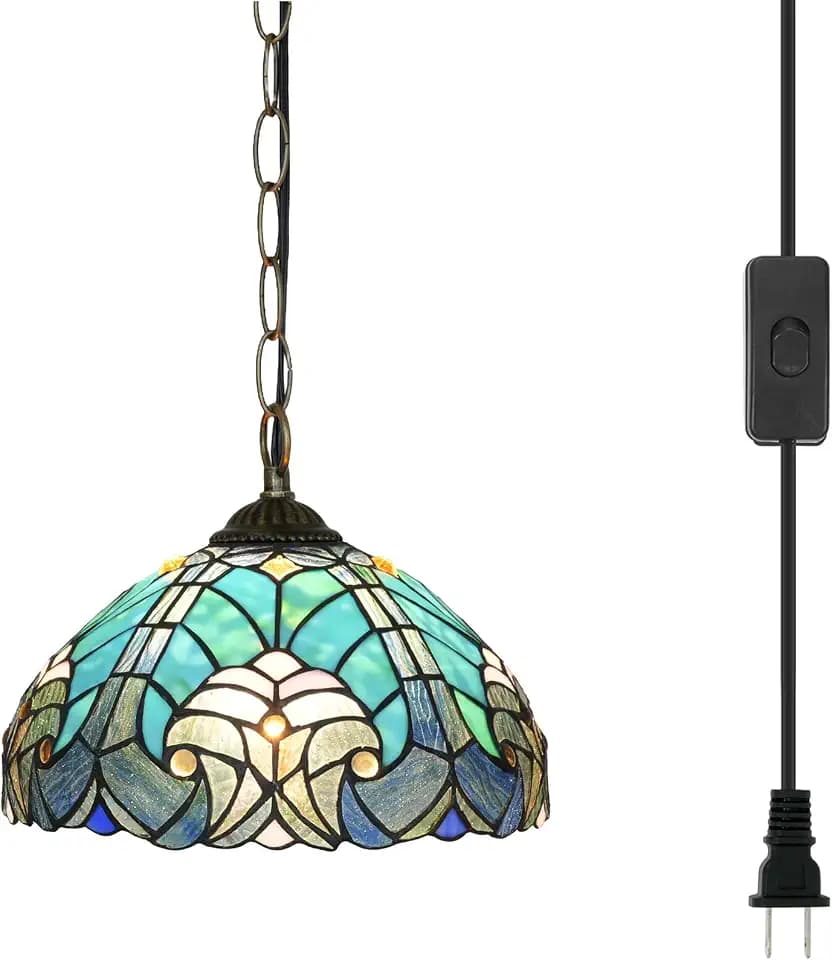 Tiffany Pendant Light Fixtures 12inch Green Stained Glass Pendant Lighting Vintage Style Hanging Lamp for Home Decor Kitchen Island Dining Room Hallway Bar